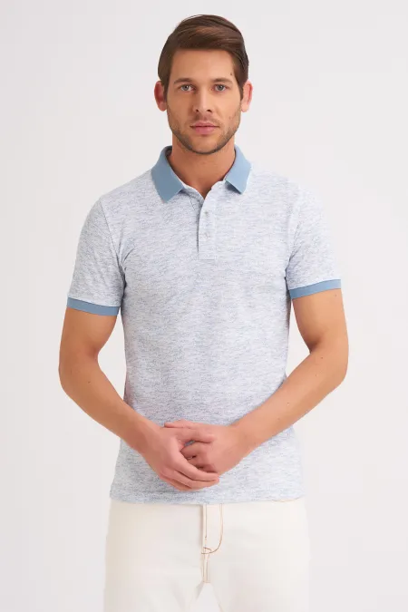Çizgi Triko Erkek Tişört Slim Fit Polo Yaka Desenli Kolu Lastikli %100 Pamuk Kumaş - Beyaz