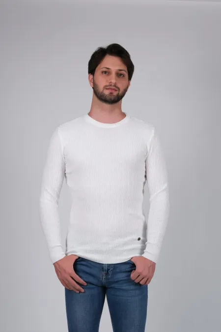 Çizgi Triko Erkek Triko Kazak Sıfır Yaka Desenli Kol ve Bel Lastikli Kışlık Dokuma - Beyaz Çizgi Triko Erkek Triko Kazak Sıfır Yaka Desenli Kol ve Bel Lastikli Kışlık Dokuma - Beyaz