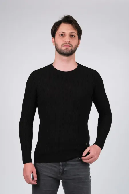 Çizgi Triko Erkek Triko Kazak Sıfır Yaka Desenli Kol ve Bel Lastikli Kışlık Dokuma - Siyah