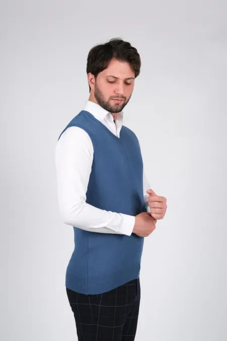 Çizgi Triko Erkek Triko Süveter V Yaka Düz Renk Bel Lastikli Kışlık Dokuma - Mavi Çizgi Triko Erkek Triko Süveter V Yaka Düz Renk Bel Lastikli Kışlık Dokuma - Mavi