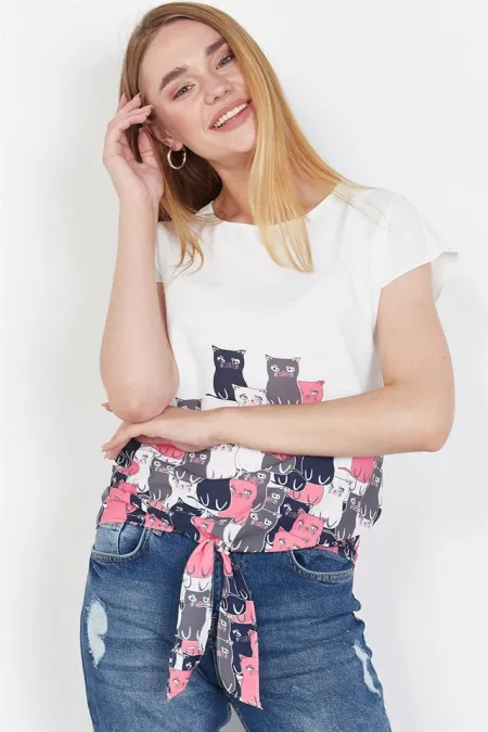 Kadın Beyaz Kedi Baskılı Bluz
