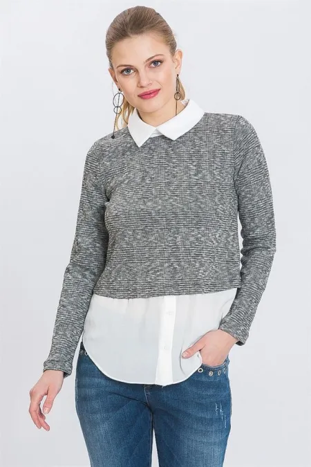 Kadın Gri Gömlek Yakalı Ekose Bluz Kadın Gri Gömlek Yakalı Ekose Bluz