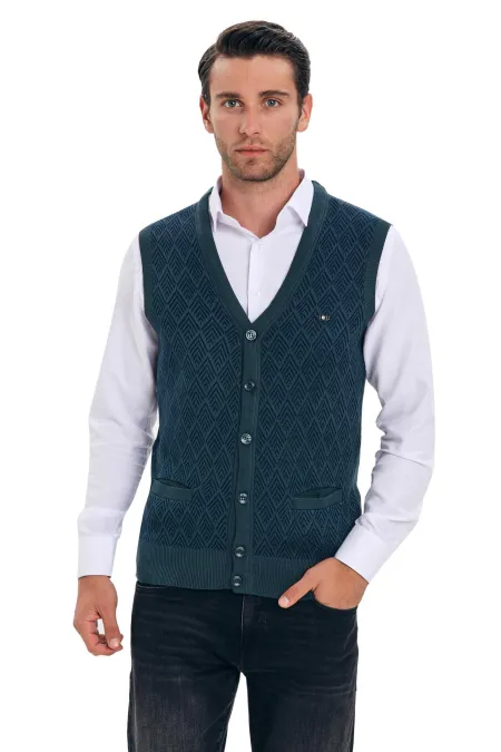 ÇİZGİ TRİKO DÜĞMELİ ERKEK YELEK - Yeşil