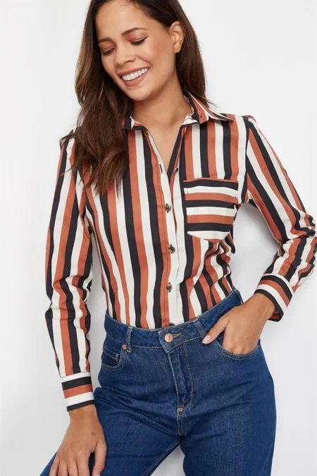 Kadın Kiremit Cepli Çizgili Gömlek Kadın Kiremit Cepli Çizgili Gömlek