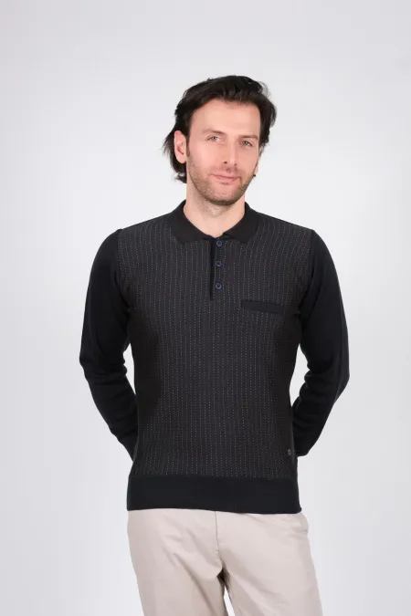 Çizgi Triko Erkek Battal Boy Polo Yaka Triko Kazak Cep Detaylı Bel ve Kol Lastikli Kışlık Dokuma - Lacivert Çizgi Triko Erkek Battal Boy Polo Yaka Triko Kazak Cep Detaylı Bel ve Kol Lastikli Kışlık Dokuma - Lacivert