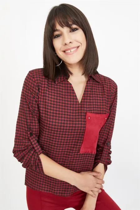 Kadın Bordo Cepli Ekose Bluz Kadın Bordo Cepli Ekose Bluz