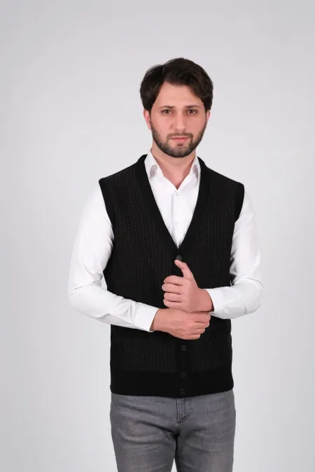 Çizgi Triko Düğmeli Erkek Triko Yelek - Siyah Çizgi Triko Düğmeli Erkek Triko Yelek - Siyah