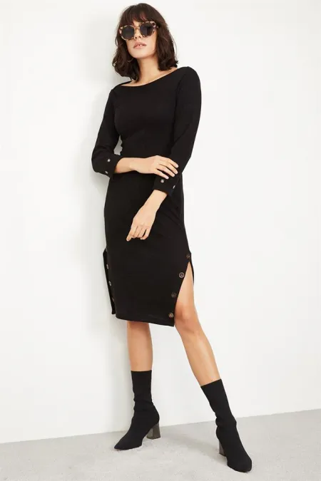 Kadın Siyah Yanları Yırtmaçlı Midi Boy Elbise Kadın Siyah Yanları Yırtmaçlı Midi Boy Elbise