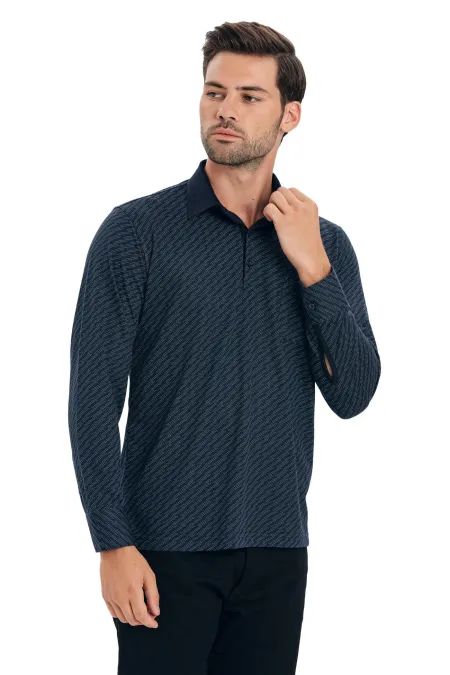 Çizgi Triko Erkek Polo Yaka Kazak Kol Düğmeli Desenli Cepli Klasik Penye - Marin Çizgi Triko Erkek Polo Yaka Kazak Kol Düğmeli Desenli Cepli Klasik Penye - Marin
