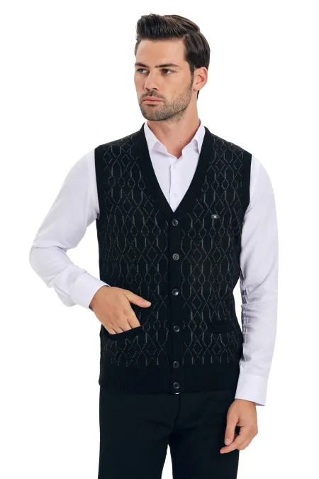 Çizgi Triko Erkek V Yaka Triko Yelek Düğmeli Desenli Bel Lastikli Kışlık Dokuma - Siyah Çizgi Triko Erkek V Yaka Triko Yelek Düğmeli Desenli Bel Lastikli Kışlık Dokuma - Siyah