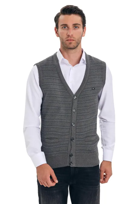 Çizgi Triko Erkek V Yaka Triko Yelek Düğmeli Cep Detaylı Bel Lastikli Dokuma - Füme Çizgi Triko Erkek V Yaka Triko Yelek Düğmeli Cep Detaylı Bel Lastikli Dokuma - Füme