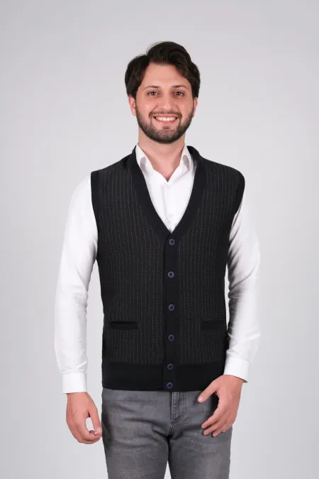 Çizgi Triko Erkek Düğmeli Triko Yelek Çizgili Çift Cepli Bel Lastikli Çizgili Kışlık Dokuma - Lacivert Çizgi Triko Erkek Düğmeli Triko Yelek Çizgili Çift Cepli Bel Lastikli Çizgili Kışlık Dokuma - Lacivert
