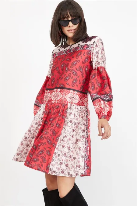 Kadın Bordo Balon Kollu Desenli Mini Elbise Kadın Bordo Balon Kollu Desenli Mini Elbise