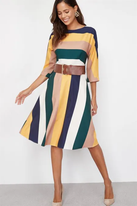 Kadın Yeşil Çizgili Midi Boy Elbise