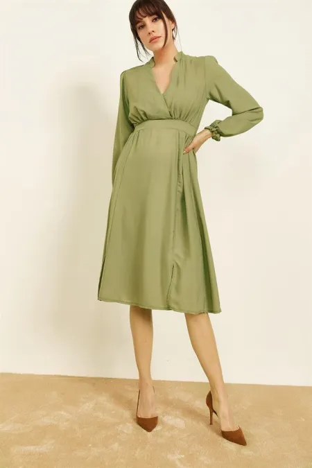 Kadın Haki Kruvaze Büzgülü Elbise Kadın Haki Kruvaze Büzgülü Elbise
