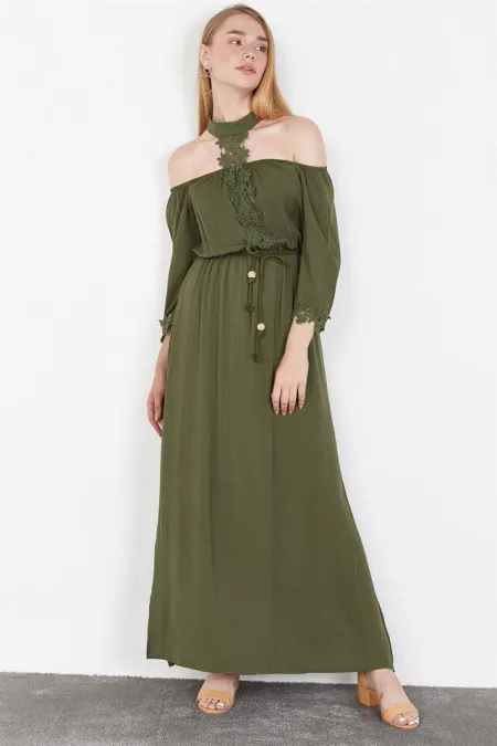 Kadın Haki Boyundan Baplamalı Uzun Elbise Kadın Haki Boyundan Baplamalı Uzun Elbise