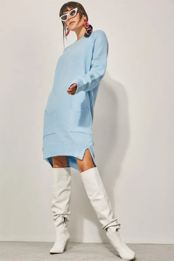 Kadın Bebe Mavi Cepli Triko Tunik Kadın Bebe Mavi Cepli Triko Tunik