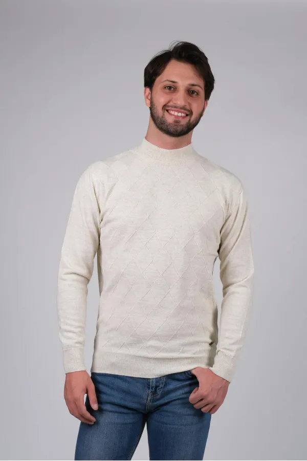 Çizgi Triko Erkek Triko Kazak Yarım Balıkçı Yaka Baklava Desen Kol ve Bel Lastikli Kışlık Dokuma - KEMİK Çizgi Triko Erkek Triko Kazak Yarım Balıkçı Yaka Baklava Desen Kol ve Bel Lastikli Kışlık Dokuma - KEMİK