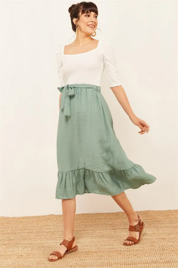 Kadın Mint Yeşili Fırfırlı Keten Etek Kadın Mint Yeşili Fırfırlı Keten Etek