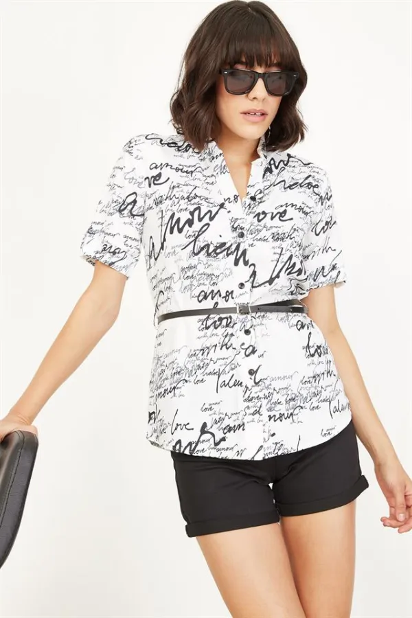 Kadın Ekru Yazı Baskılı Gömlek Kadın Ekru Yazı Baskılı Gömlek