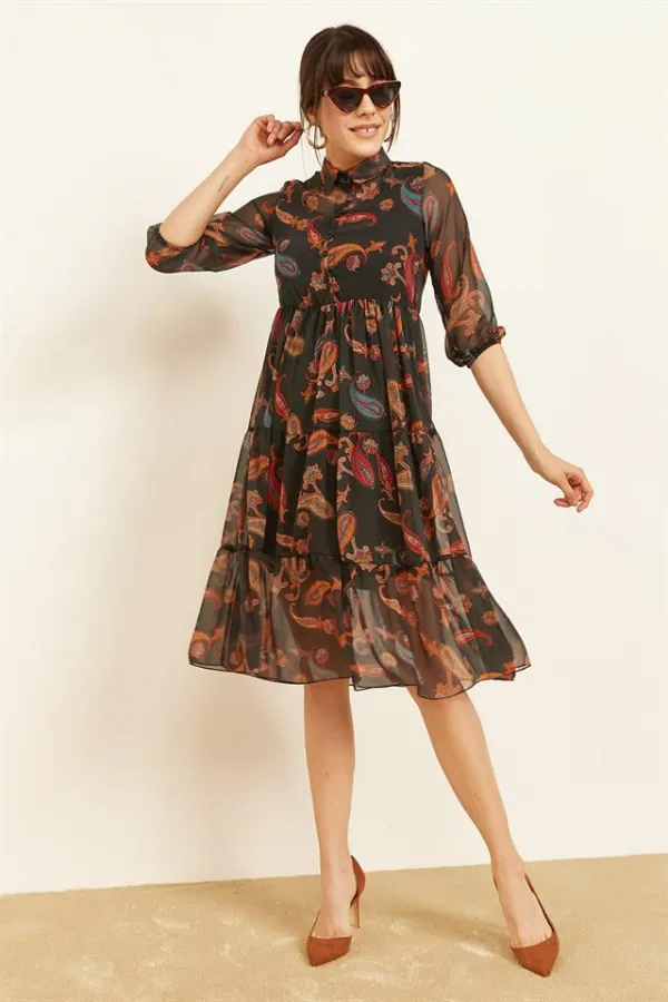 Kadın Mercan Şal Desenli Şifon Elbise Kadın Mercan Şal Desenli Şifon Elbise