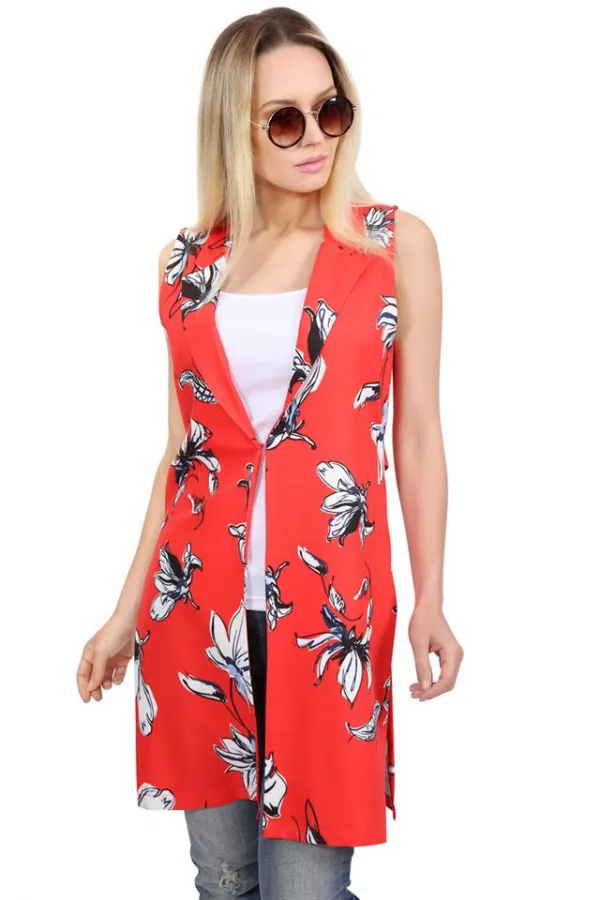 Kadın Kırmızı Yırtmaçlı Desenli Yelek Kadın Kırmızı Yırtmaçlı Desenli Yelek
