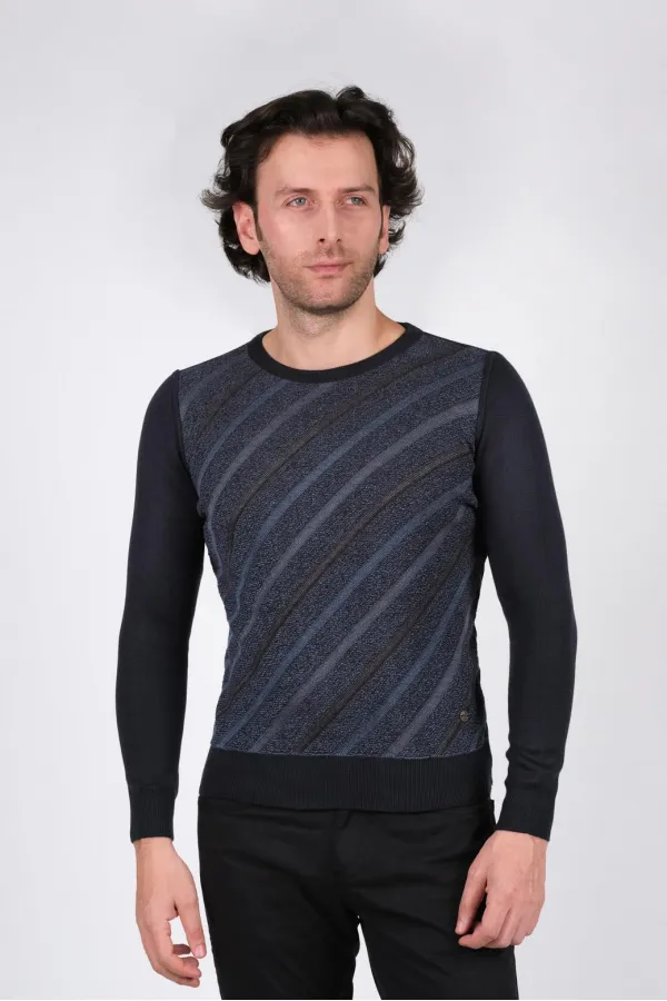 Çizgi Triko Erkek Battal Boy Sıfır Yaka Triko Kazak Çizgili Bel ve Kol Lastikli Kışlık Dokuma - Lacivert Çizgi Triko Erkek Battal Boy Sıfır Yaka Triko Kazak Çizgili Bel ve Kol Lastikli Kışlık Dokuma - Lacivert
