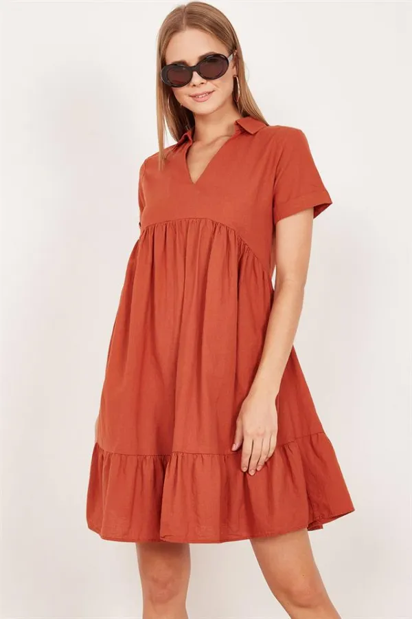 Kadın Kiremit Büzgülü Kısakol Keten Elbise Kadın Kiremit Büzgülü Kısakol Keten Elbise
