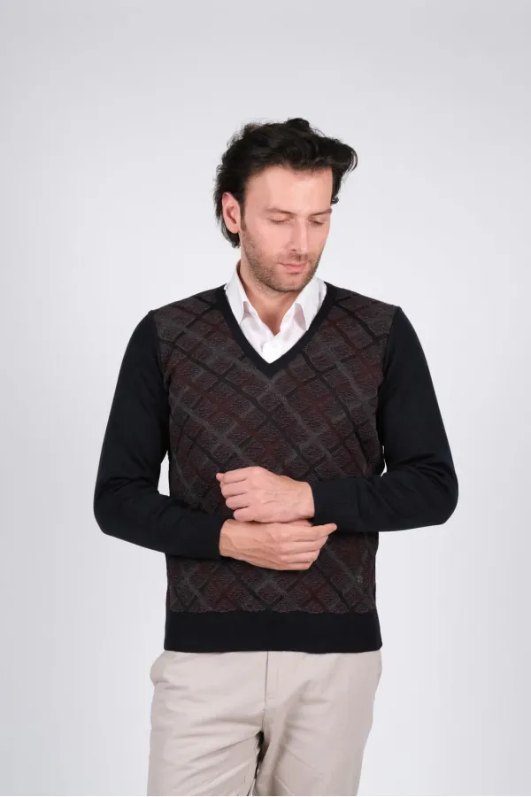 Çizgi Triko Erkek V Yaka Triko Kazak Bel ve Kol Lastikli Baklava Desenli Kışlık Dokuma - Lacivert Çizgi Triko Erkek V Yaka Triko Kazak Bel ve Kol Lastikli Baklava Desenli Kışlık Dokuma - Lacivert