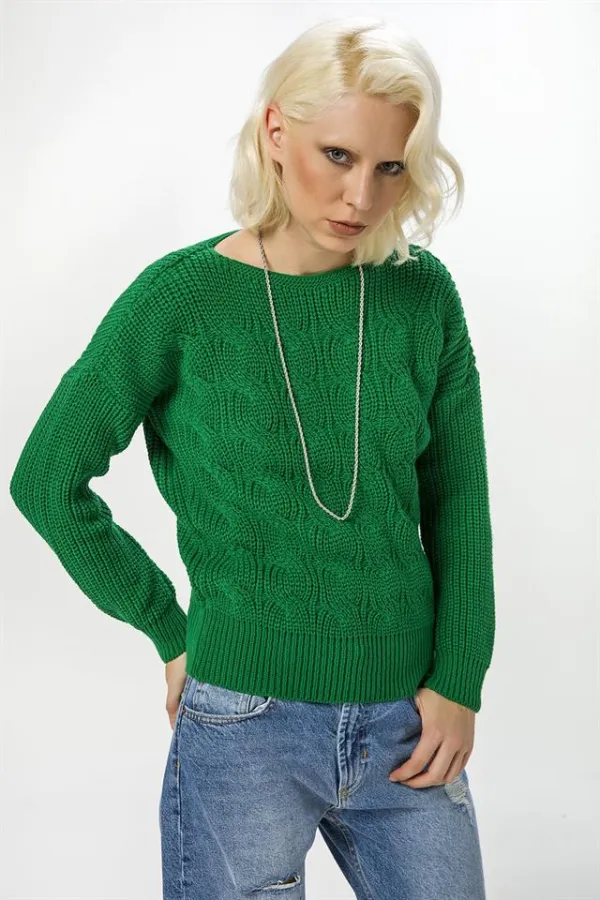 Kadın Yeşil Örgülü Kadın Triko Kazak Kadın Yeşil Örgülü Kadın Triko Kazak