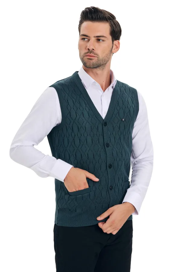 Çizgi Triko Erkek V Yaka Triko Yelek Düğmeli Desenli Bel Lastikli Kışlık Dokuma - Yeşil Çizgi Triko Erkek V Yaka Triko Yelek Düğmeli Desenli Bel Lastikli Kışlık Dokuma - Yeşil