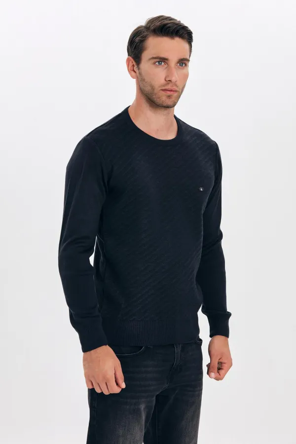 Çizgi Triko Erkek Sıfır Yaka Triko Kazak Kesik Çizgili Kol ve Bel Lastikli Kışlık Dokuma - Lacivert Çizgi Triko Erkek Sıfır Yaka Triko Kazak Kesik Çizgili Kol ve Bel Lastikli Kışlık Dokuma - Lacivert