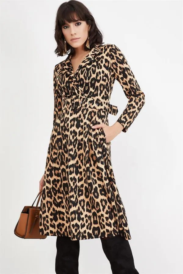 Kadın Siyah Kemerli Leopar Desenli Midi Boy Elbise Kadın Siyah Kemerli Leopar Desenli Midi Boy Elbise