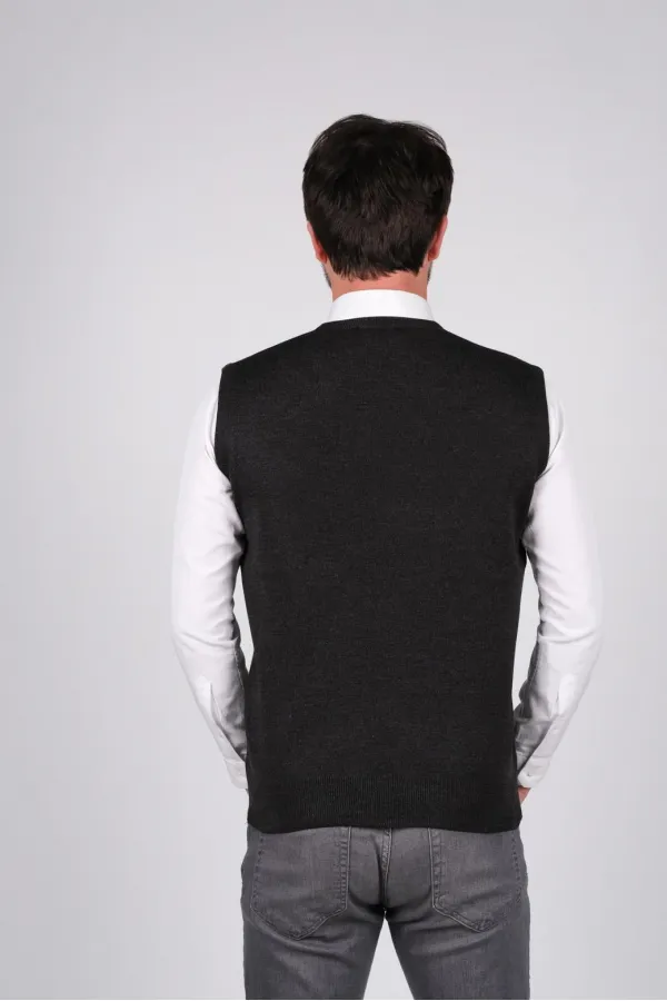 Çizgi Triko Erkek Triko Süveter V Yaka Düz Renk Kışlık Dokuma - Koyu Gri