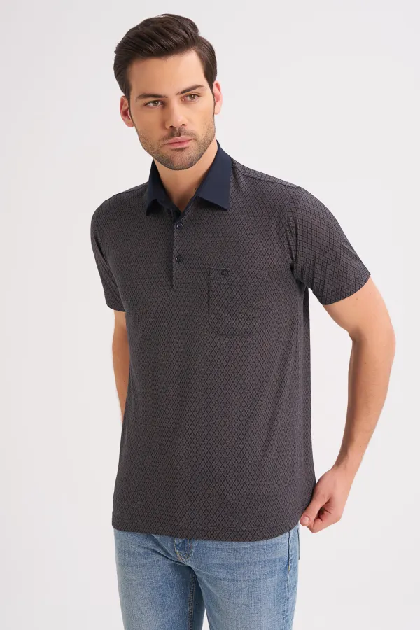 Çizgi Triko Erkek Gömlek Yaka Tişört Baklava Desenli Cepli Kolu Lastikli - Lacivert