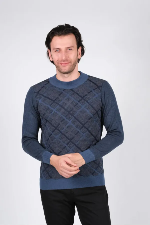 Çizgi Triko Erkek Yarım Balıkçı Triko Kazak Baklava Desenli Bel ve Kol Lastikli Kışlık Dokuma - Mavi