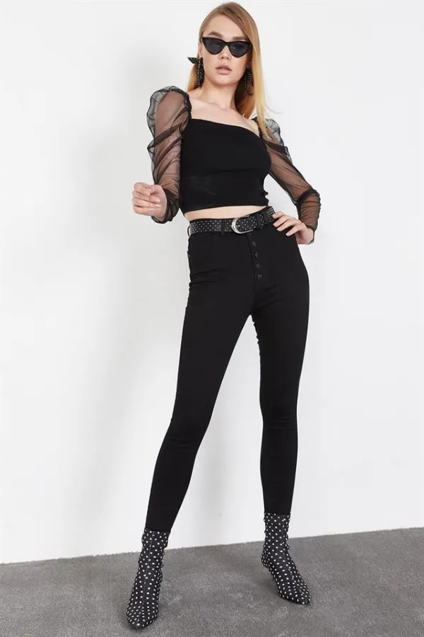 Kadın Siyah Önden Düğmeli Skinny Jeans Kadın Siyah Önden Düğmeli Skinny Jeans