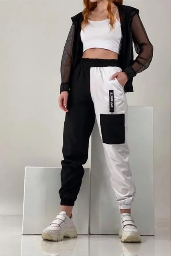 Kadın Paraşüt Eşofman Alt Siyah Beyaz