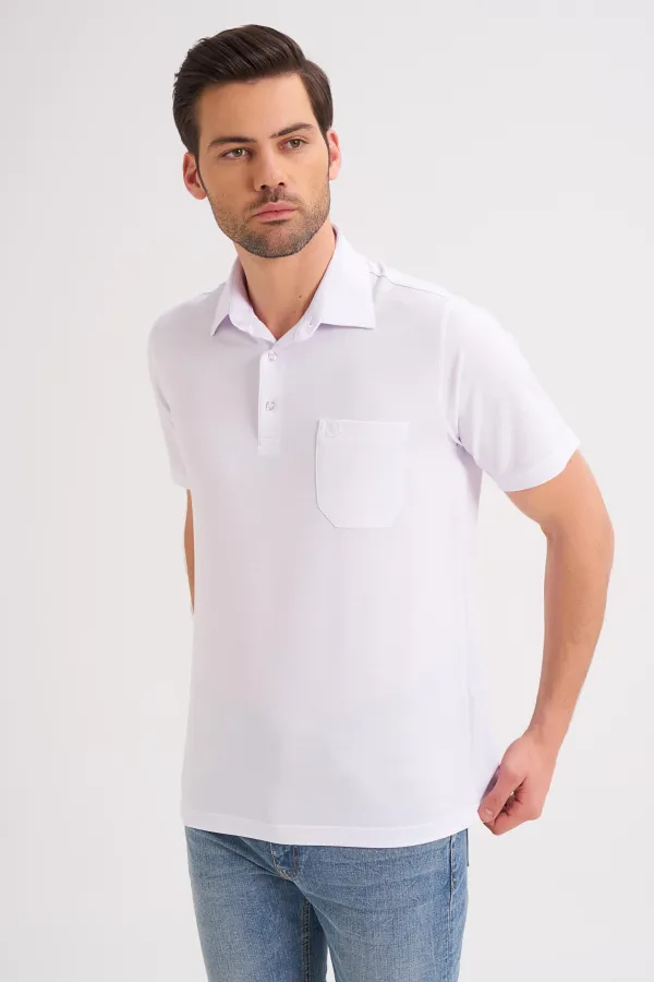 Çizgi Triko Erkek Polo Yaka Tişört Düz Renk Günlük Cep Detaylı - Beyaz
