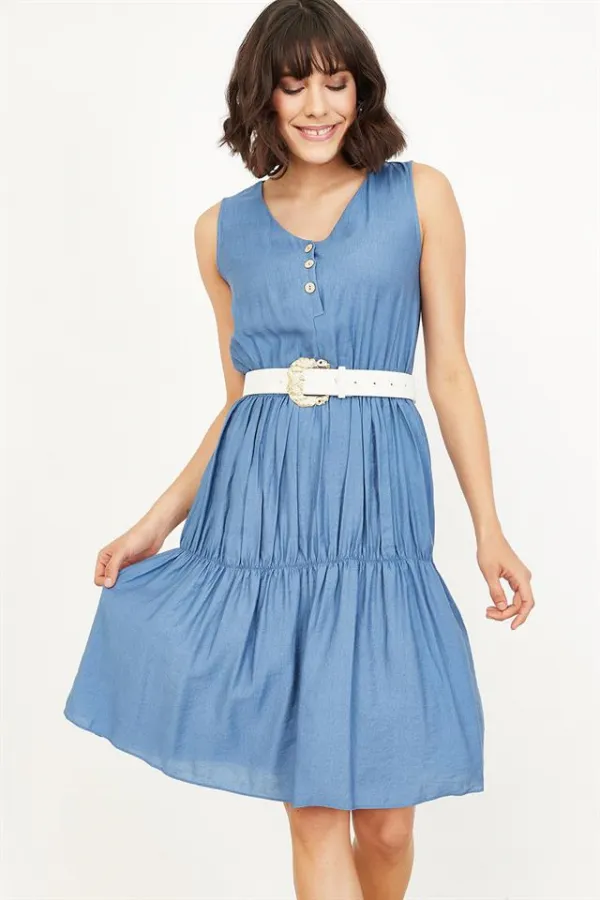 Kadın Mavi Büzgülü Keten Elbise Kadın Mavi Büzgülü Keten Elbise