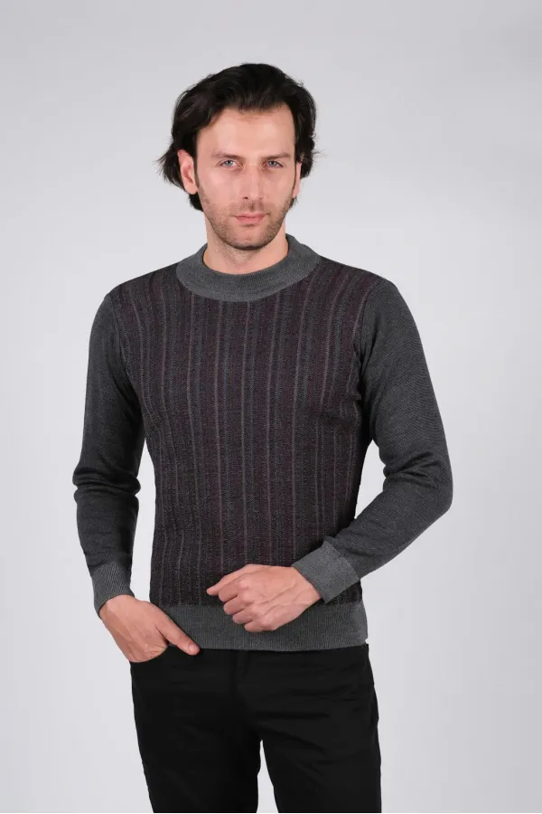 Çizgi Triko Erkek Yarım Balıkçı Triko Kazak Kol ve Bel Lastikli Çizgili Kışlık Dokuma - Gri Çizgi Triko Erkek Yarım Balıkçı Triko Kazak Kol ve Bel Lastikli Çizgili Kışlık Dokuma - Gri