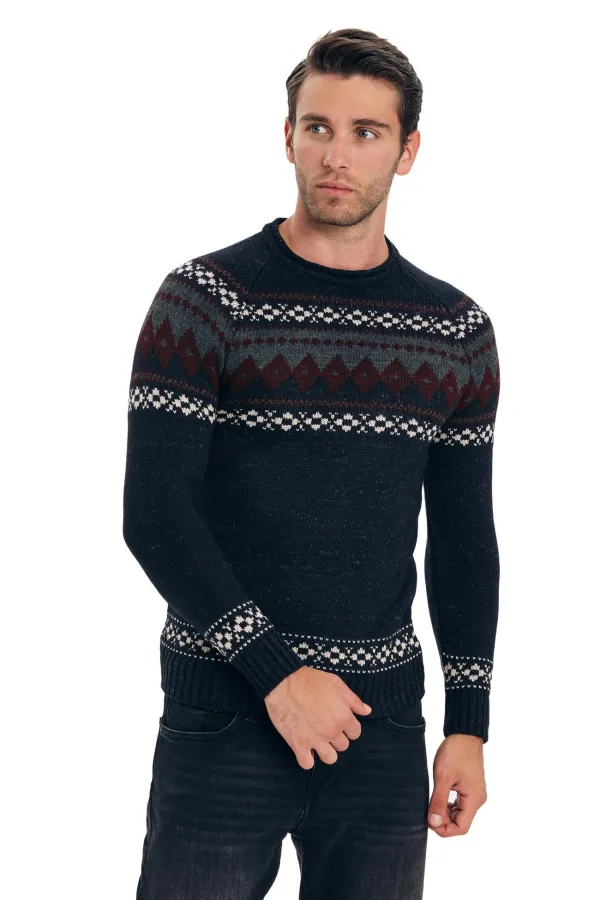 Çizgi Triko Erkek Spor Sıfır Yaka Kazak Omuz Detay Desenli Kol Ve Bel Lastikli Dokuma - Bordo