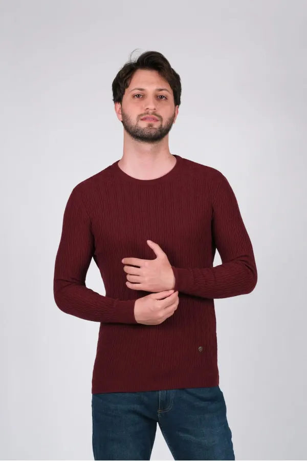 Çizgi Triko Erkek Triko Kazak Sıfır Yaka Desenli Kol ve Bel Lastikli Kışlık Dokuma - Mürdüm Çizgi Triko Erkek Triko Kazak Sıfır Yaka Desenli Kol ve Bel Lastikli Kışlık Dokuma - Mürdüm