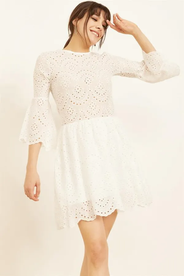 Kadın Beyaz Büzgülü Güpür Elbise Kadın Beyaz Büzgülü Güpür Elbise