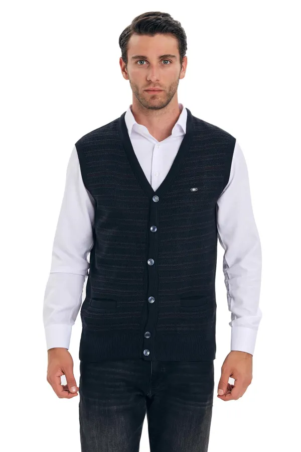 Çizgi Triko Erkek V Yaka Triko Yelek Düğmeli Cep Detaylı Bel Lastikli Dokuma - Lacivert Çizgi Triko Erkek V Yaka Triko Yelek Düğmeli Cep Detaylı Bel Lastikli Dokuma - Lacivert