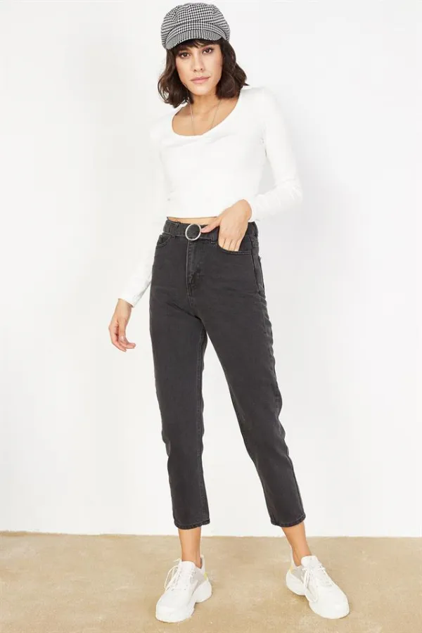 Kadın Antrasit Halka Tokalı Yüksek Bel Mom Jeans Kadın Antrasit Halka Tokalı Yüksek Bel Mom Jeans