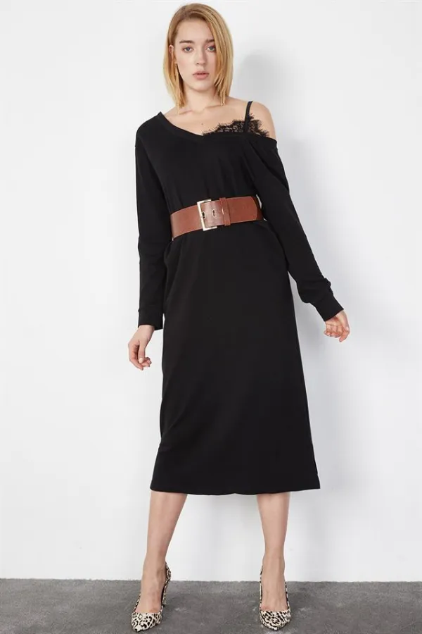 Kadın Siyah Omuzu Dantelli Midi Boy Elbise Kadın Siyah Omuzu Dantelli Midi Boy Elbise