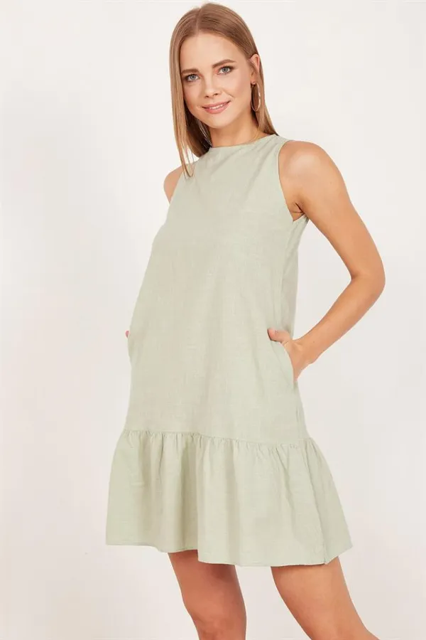 Kadın Yeşil Büzgülü Keten Elbise Kadın Yeşil Büzgülü Keten Elbise