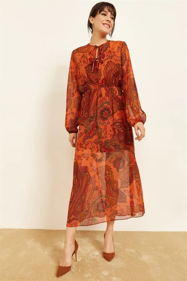 Kadın Taba Desenli Şifon Elbise Kadın Taba Desenli Şifon Elbise