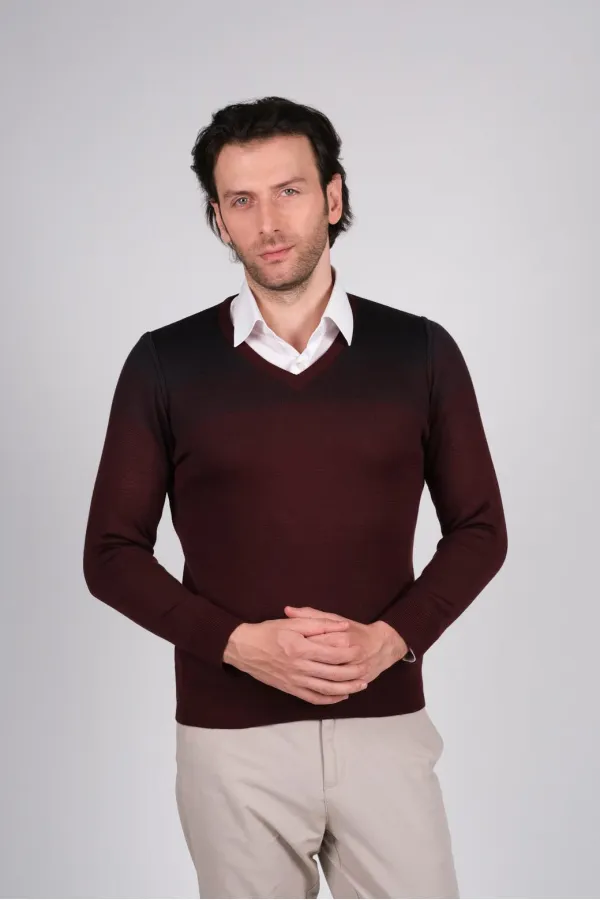 Çizgi Triko Erkek V Yaka Triko Kazak Renk Geçişli Kışlık Dokuma - Bordo